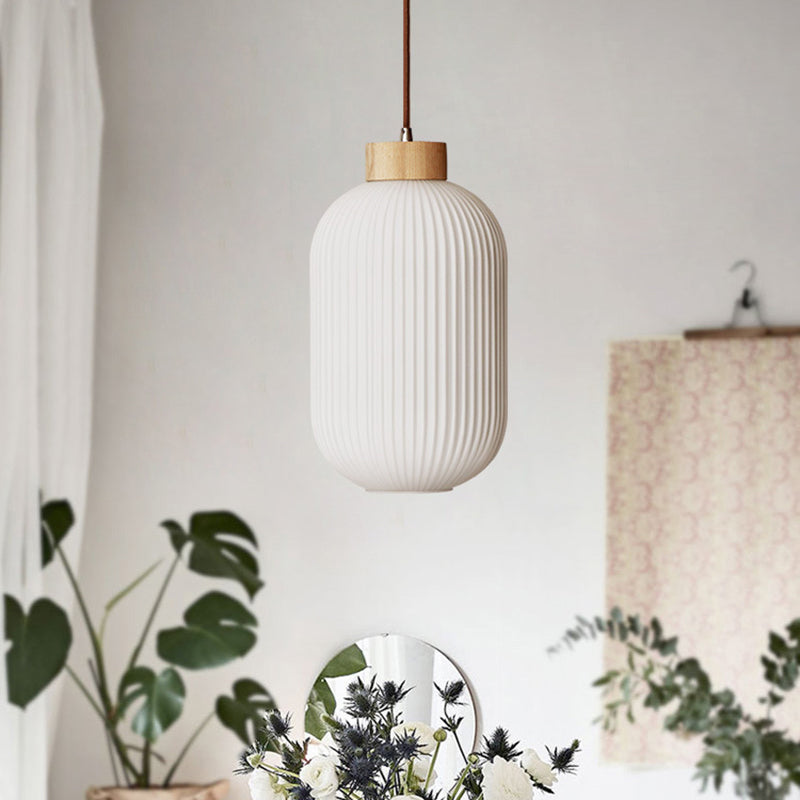 Traditional Japanese Cylinder Round Distressed Glass Wood 1-Light Pendant Light For Living Room