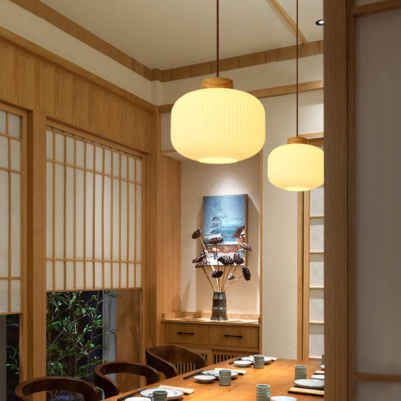 Traditional Japanese Cylinder Round Distressed Glass Wood 1-Light Pendant Light For Living Room