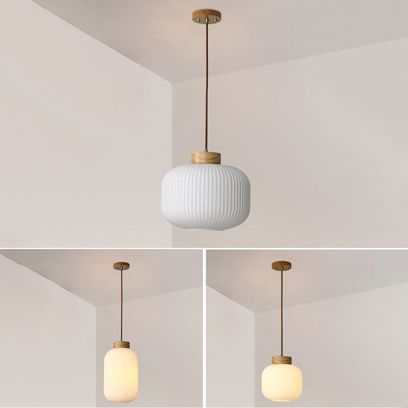 Traditional Japanese Cylinder Round Distressed Glass Wood 1-Light Pendant Light For Living Room