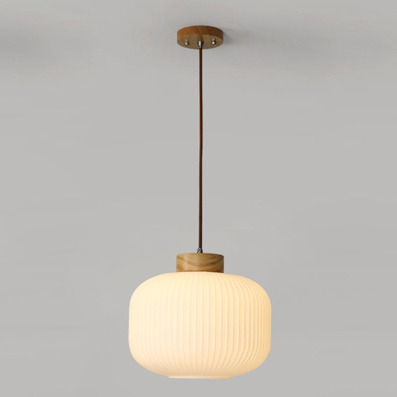 Traditional Japanese Cylinder Round Distressed Glass Wood 1-Light Pendant Light For Living Room