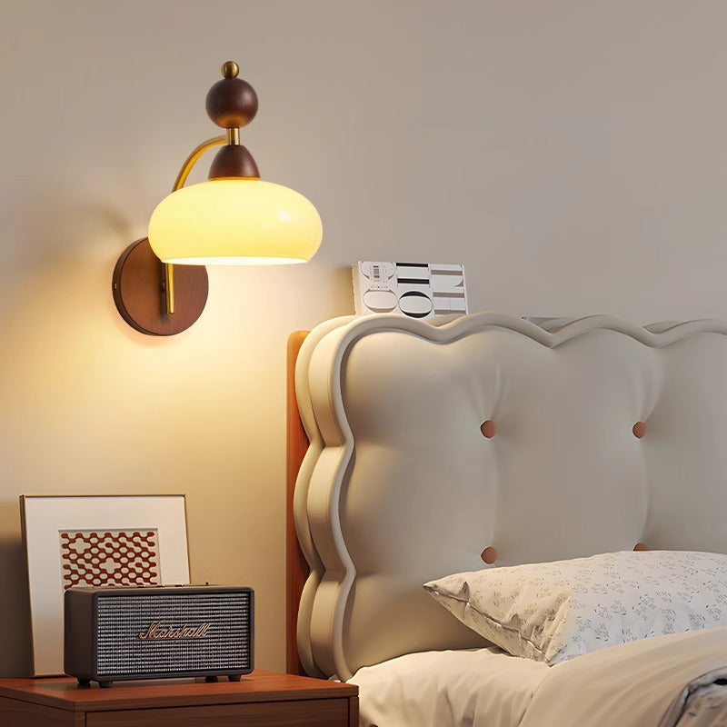 Traditional Vintage Round Ball Half Round Glass Ash Wood Hardware 1-Light Wall Sconce Lamp For Living Room