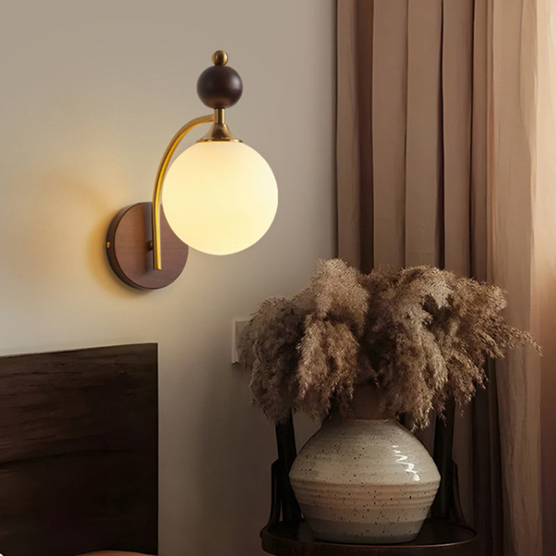 Traditional Vintage Round Ball Half Round Glass Ash Wood Hardware 1-Light Wall Sconce Lamp For Living Room