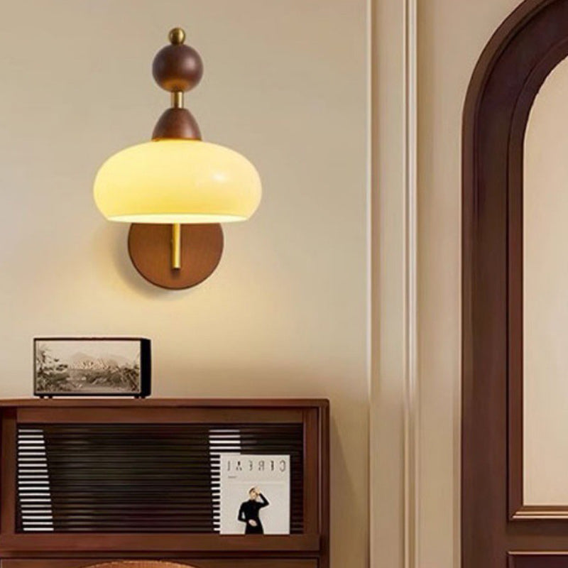 Traditional Vintage Round Ball Half Round Glass Ash Wood Hardware 1-Light Wall Sconce Lamp For Living Room