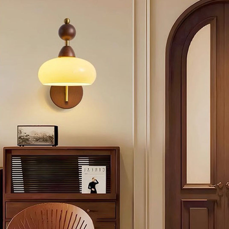 Traditional Vintage Round Ball Half Round Glass Ash Wood Hardware 1-Light Wall Sconce Lamp For Living Room