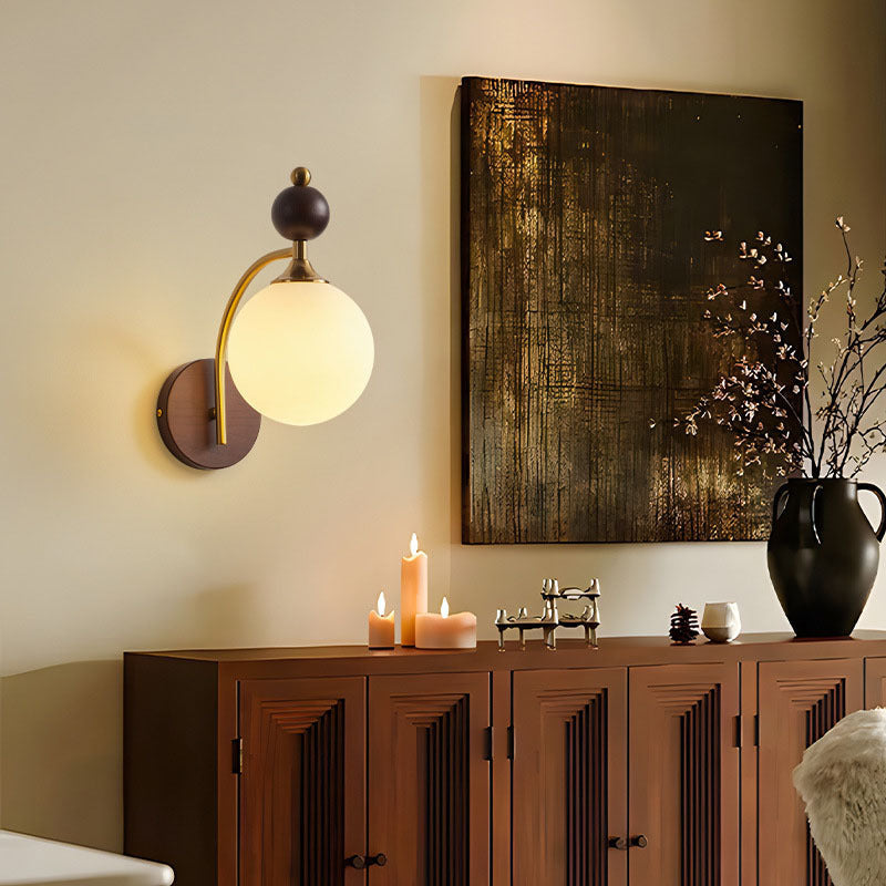 Traditional Vintage Round Ball Half Round Glass Ash Wood Hardware 1-Light Wall Sconce Lamp For Living Room