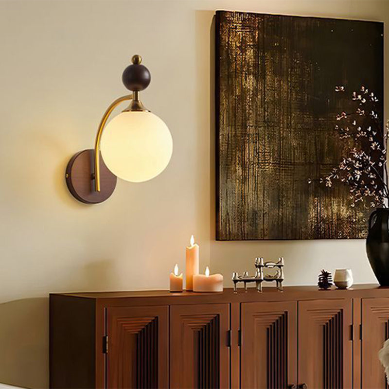Traditional Vintage Round Ball Half Round Glass Ash Wood Hardware 1-Light Wall Sconce Lamp For Living Room