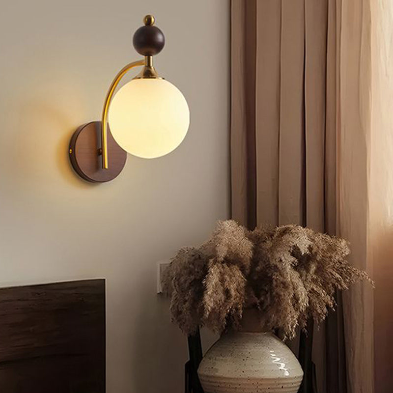 Traditional Vintage Round Ball Half Round Glass Ash Wood Hardware 1-Light Wall Sconce Lamp For Living Room