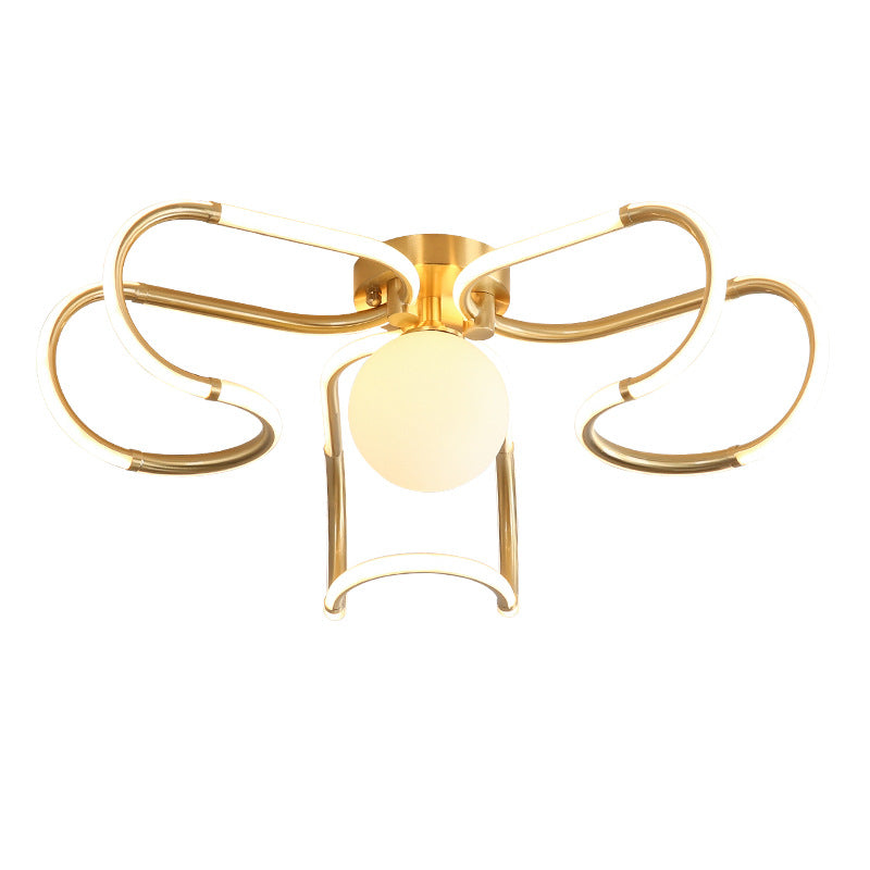 Contemporary Scandinavian Curved Line Round Acrylic Copper LED Semi-Flush Mount Ceiling Light For Living Room