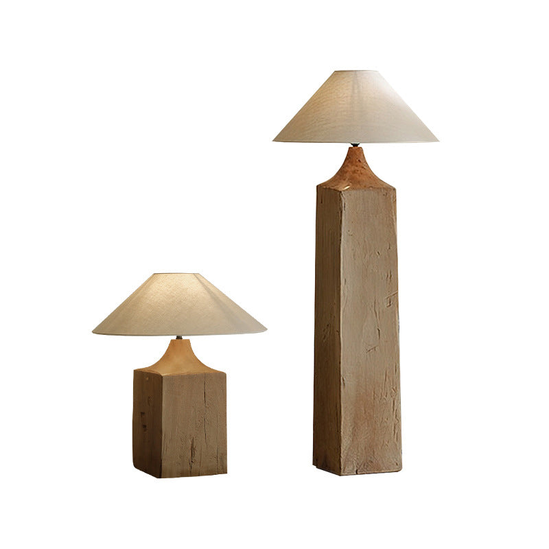 Contemporary Retro Wood Linen Cone Cylinder 1-Light Standing Floor Lamp For Living Room