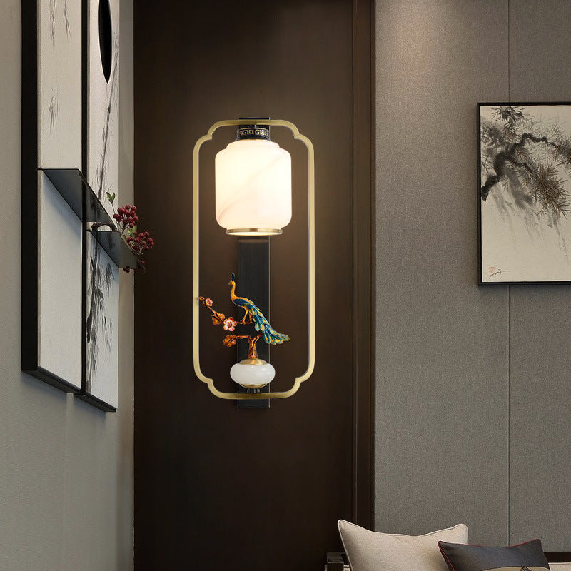 Traditional Chinese Copper Jade Glass Zinc Alloy Rectangular Cylinder Deer Plum Peacock 1-Light Wall Sconce Lamp For Hallway