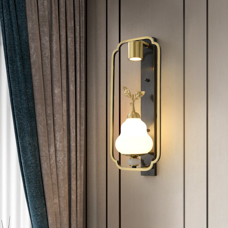 Traditional Chinese Copper Jade Glass Zinc Alloy Rectangular Cylinder Deer Plum Peacock 1-Light Wall Sconce Lamp For Hallway