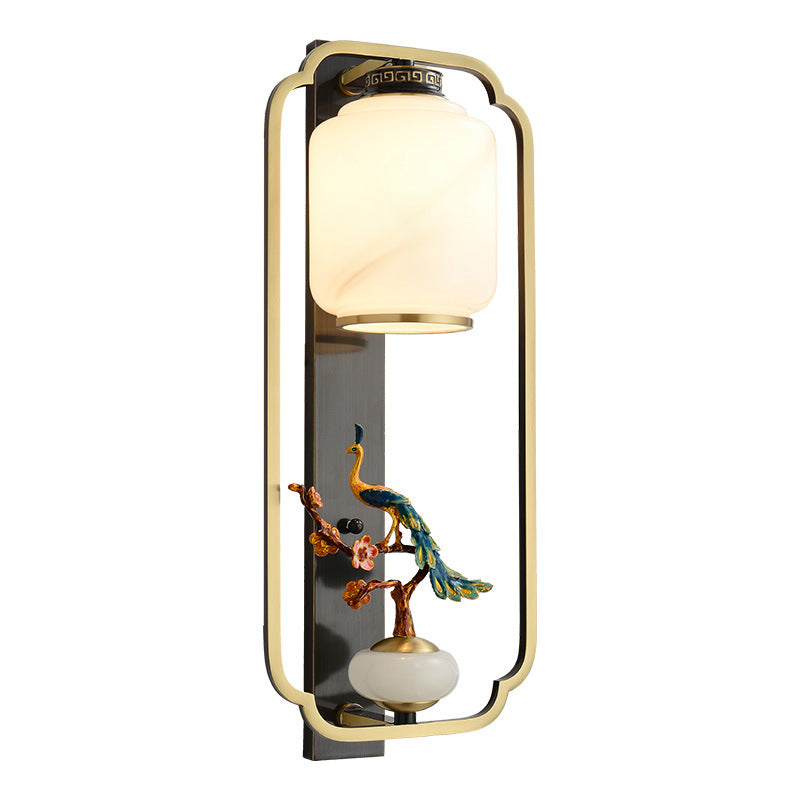 Traditional Chinese Copper Jade Glass Zinc Alloy Rectangular Cylinder Deer Plum Peacock 1-Light Wall Sconce Lamp For Hallway