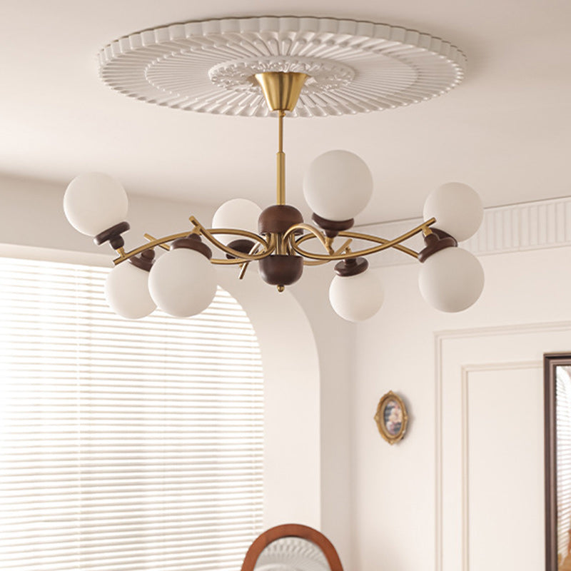 Traditional Vintage Ash Wood Glass Iron Ball 4/6/8/10 Light Chandeliers For Living Room