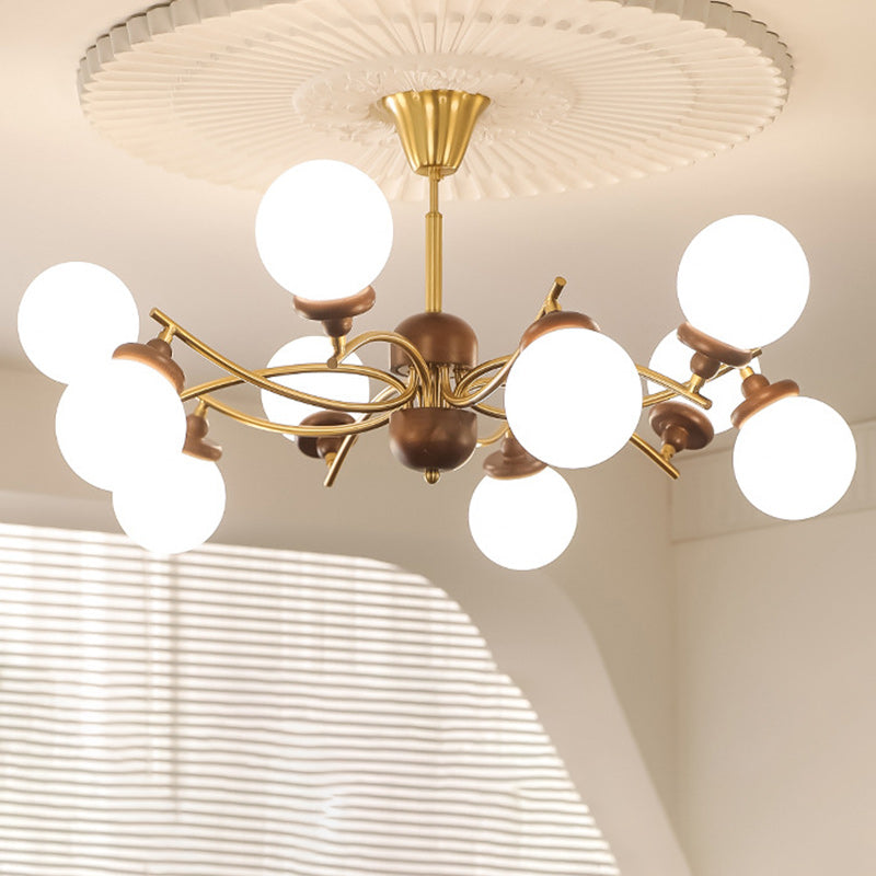 Traditional Vintage Ash Wood Glass Iron Ball 4/6/8/10 Light Chandeliers For Living Room
