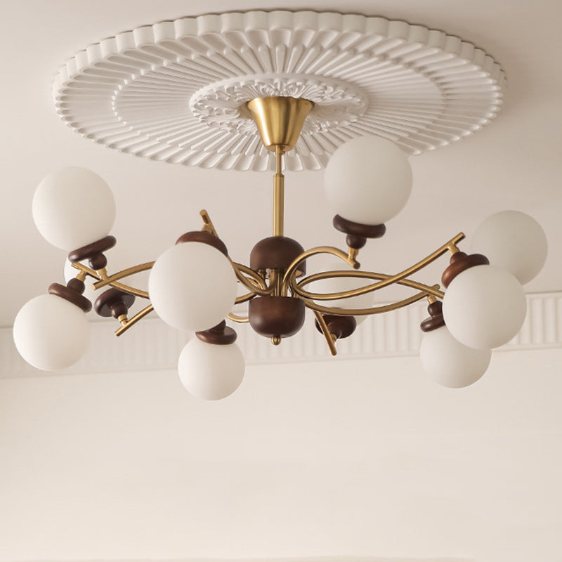 Traditional Vintage Ash Wood Glass Iron Ball 4/6/8/10 Light Chandeliers For Living Room