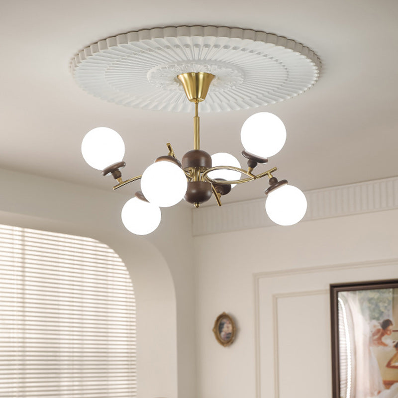 Traditional Vintage Ash Wood Glass Iron Ball 4/6/8/10 Light Chandeliers For Living Room