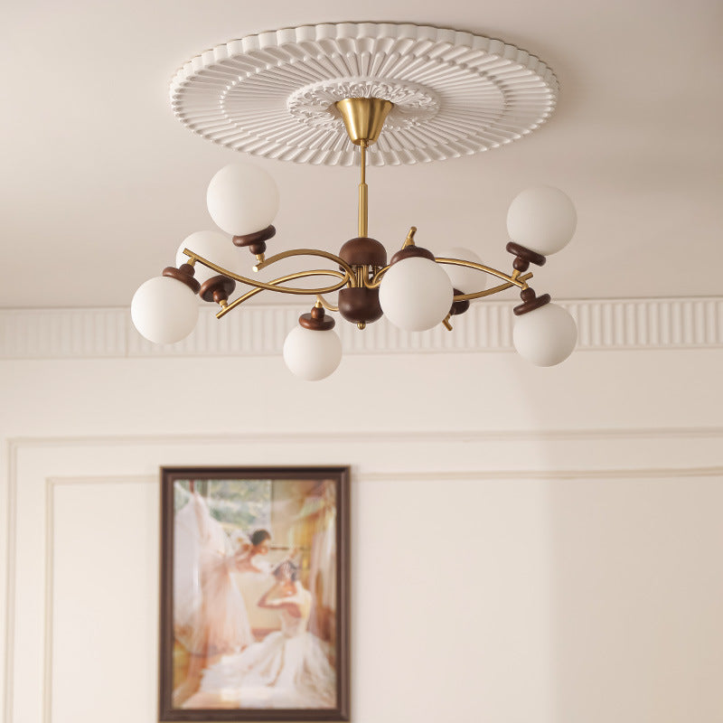 Traditional Vintage Ash Wood Glass Iron Ball 4/6/8/10 Light Chandeliers For Living Room