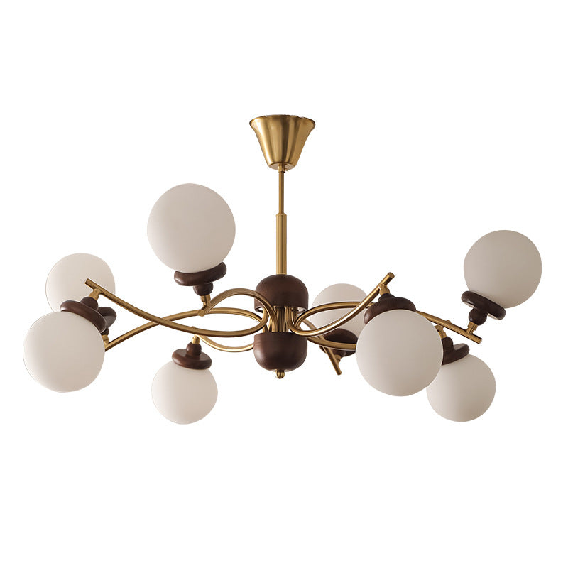 Traditional Vintage Ash Wood Glass Iron Ball 4/6/8/10 Light Chandeliers For Living Room