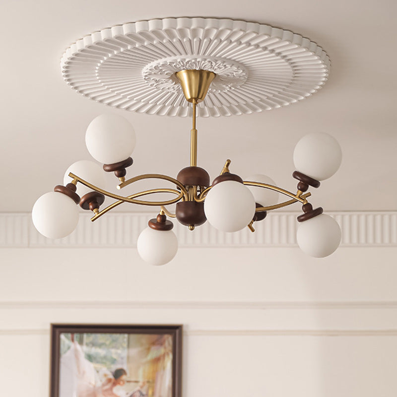 Traditional Vintage Ash Wood Glass Iron Ball 4/6/8/10 Light Chandeliers For Living Room