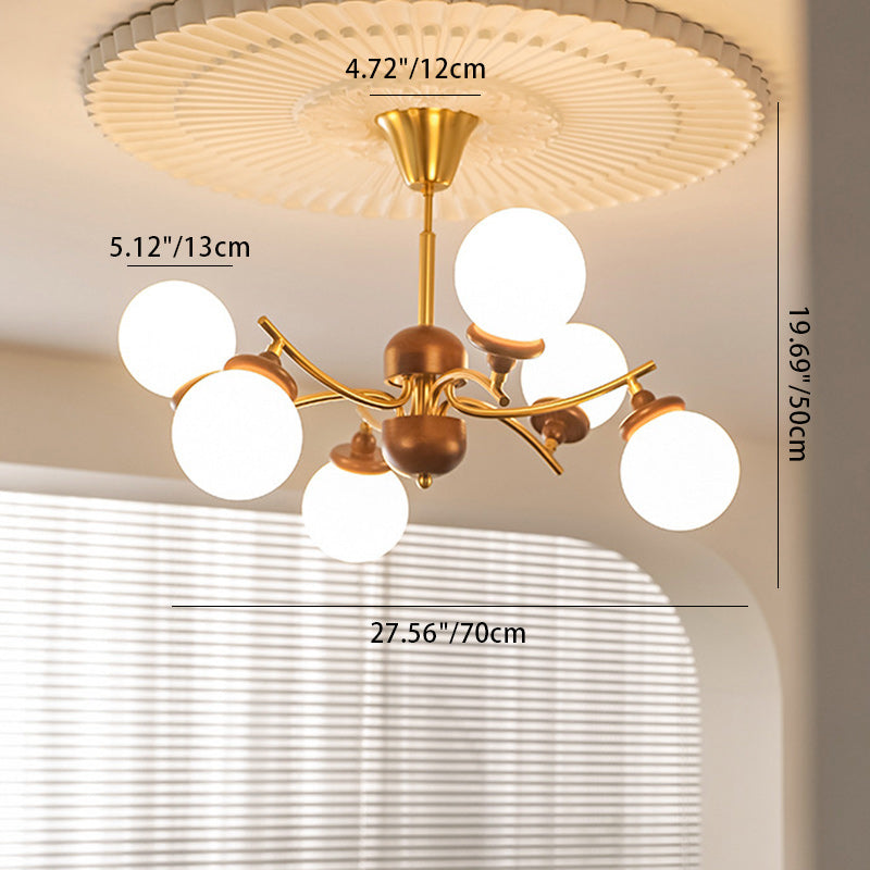 Traditional Vintage Ash Wood Glass Iron Ball 4/6/8/10 Light Chandeliers For Living Room