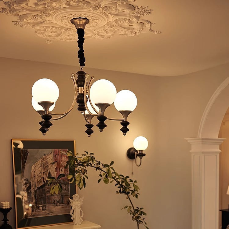 Traditional Vintage Ash Wood Metal Glass Ball 3/5/6/8 Light Chandeliers For Living Room