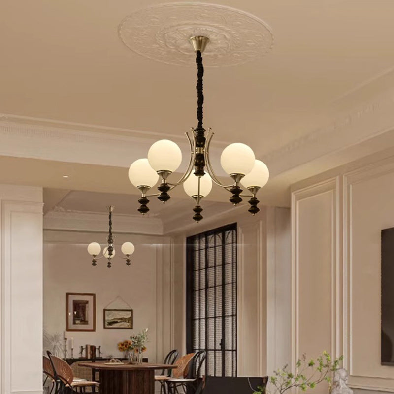 Traditional Vintage Ash Wood Metal Glass Ball 3/5/6/8 Light Chandeliers For Living Room
