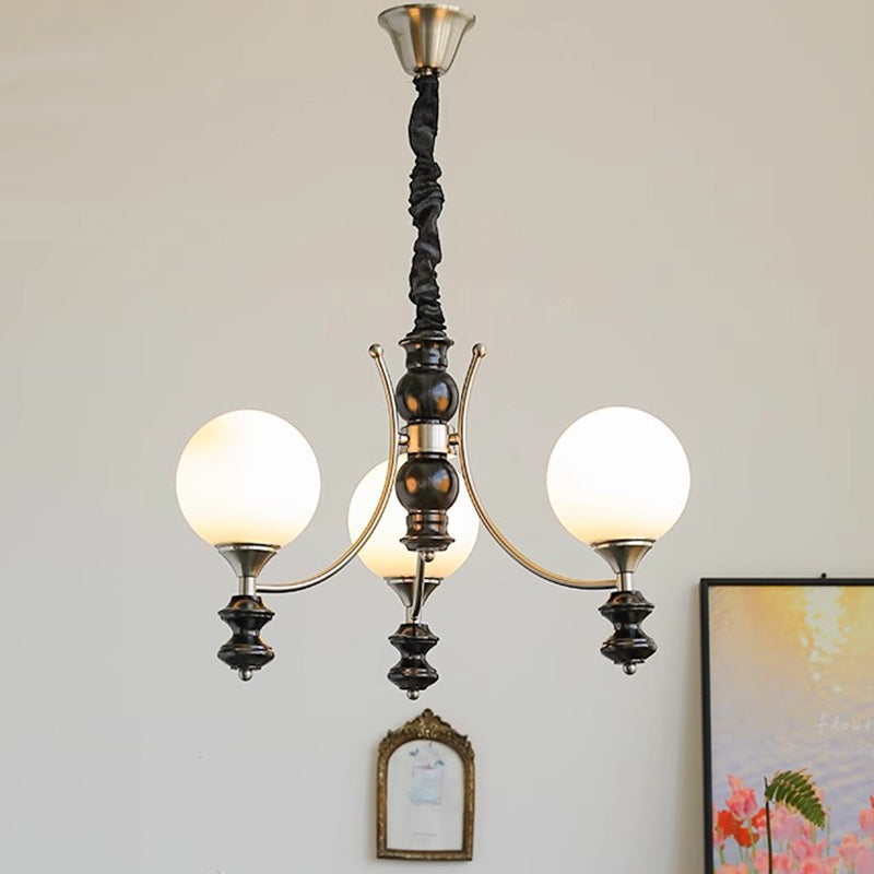 Traditional Vintage Ash Wood Metal Glass Ball 3/5/6/8 Light Chandeliers For Living Room