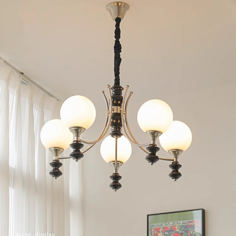 Traditional Vintage Ash Wood Metal Glass Ball 3/5/6/8 Light Chandeliers For Living Room