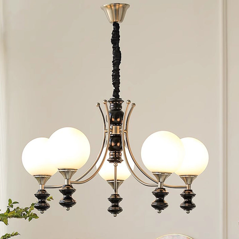 Traditional Vintage Ash Wood Metal Glass Ball 3/5/6/8 Light Chandeliers For Living Room