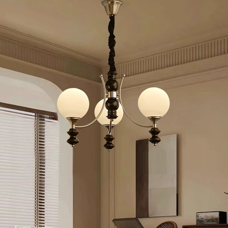 Traditional Vintage Ash Wood Metal Glass Ball 3/5/6/8 Light Chandeliers For Living Room