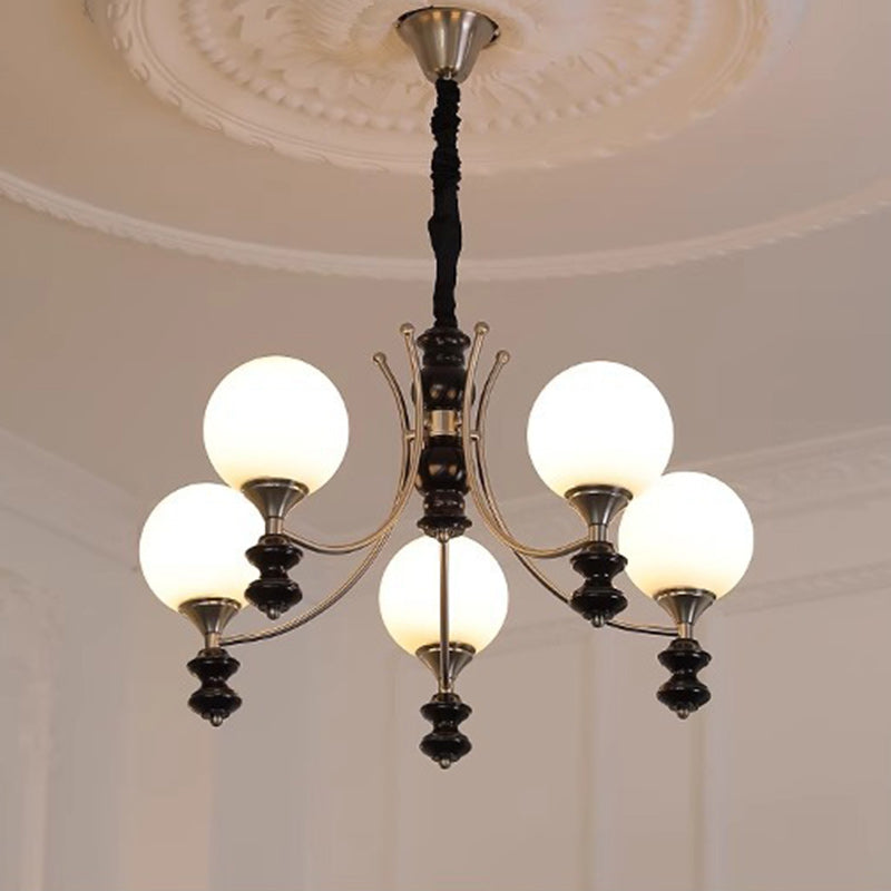 Traditional Vintage Ash Wood Metal Glass Ball 3/5/6/8 Light Chandeliers For Living Room