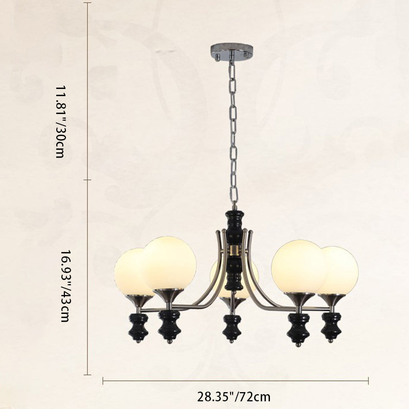 Traditional Vintage Ash Wood Metal Glass Ball 3/5/6/8 Light Chandeliers For Living Room