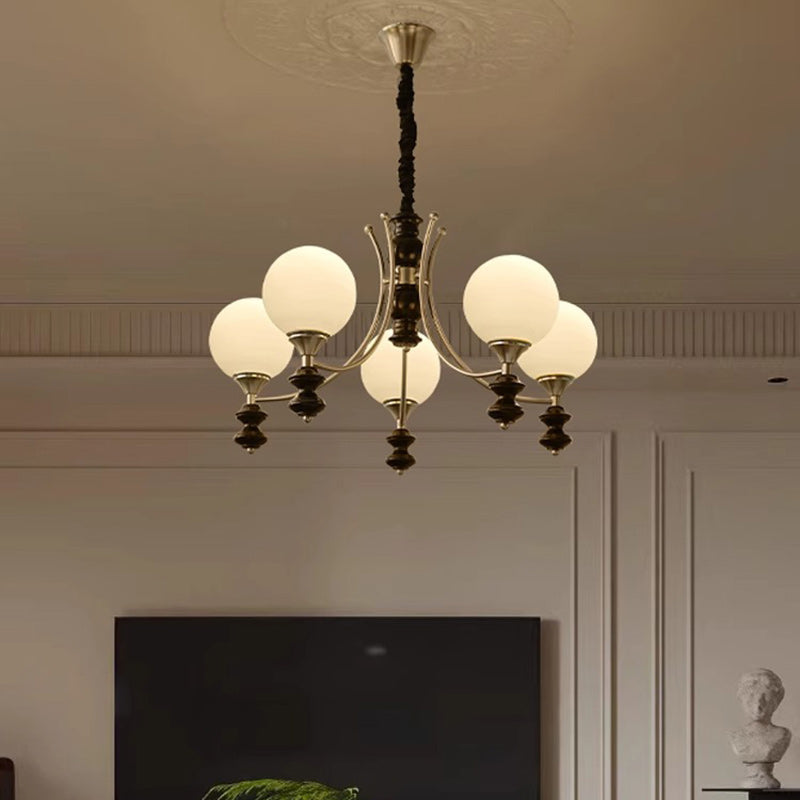 Traditional Vintage Ash Wood Metal Glass Ball 3/5/6/8 Light Chandeliers For Living Room