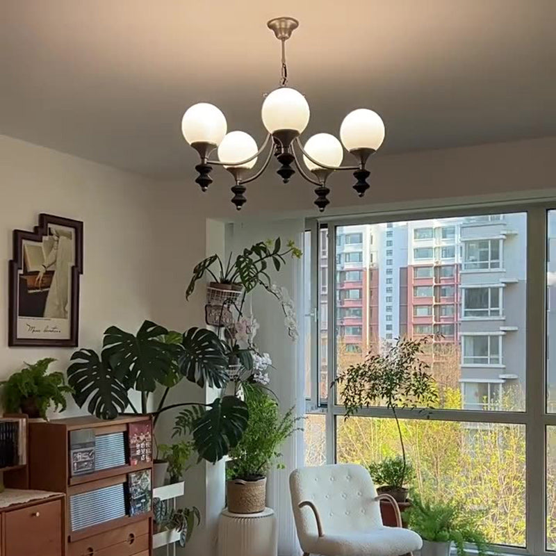 Traditional Vintage Ash Wood Metal Glass Ball 3/5/6/8 Light Chandeliers For Living Room