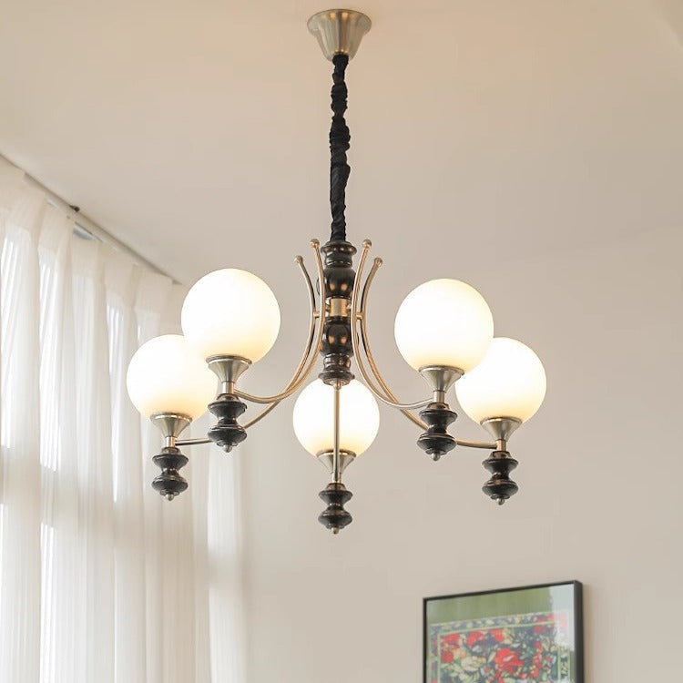Traditional Vintage Ash Wood Metal Glass Ball 3/5/6/8 Light Chandeliers For Living Room