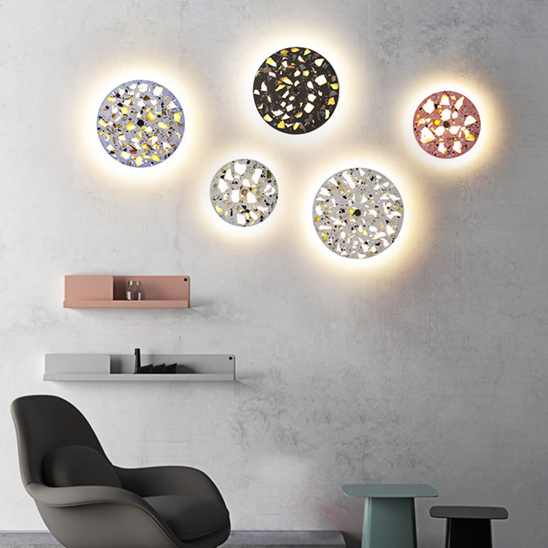 Contemporary Scandinavian Metal Terrazzo Round LED Wall Sconce Lamp For Living Room