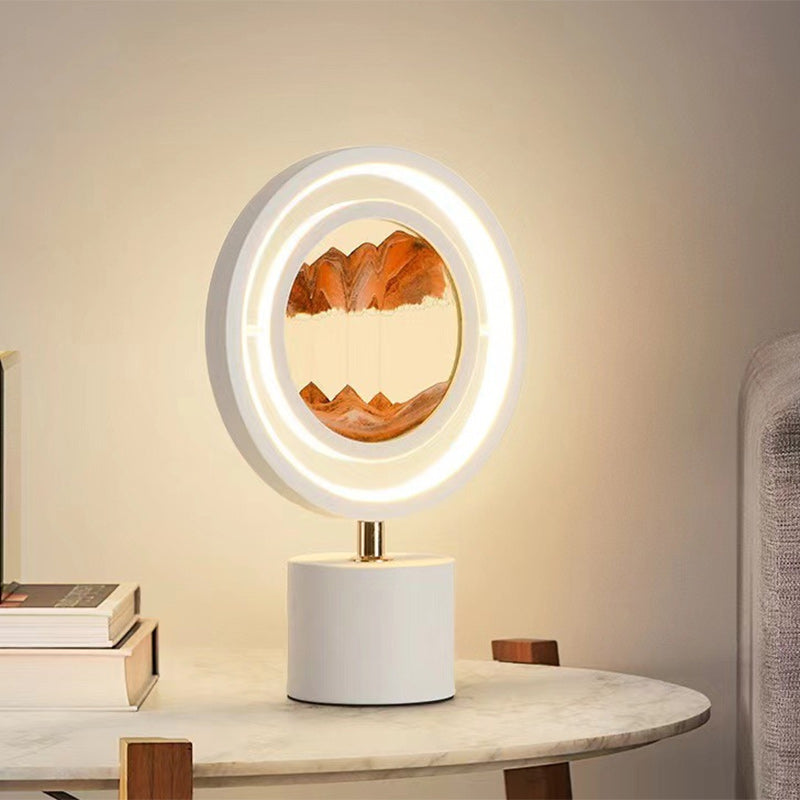 Contemporary Creative Metal Acrylic Silica Round Sand Painting USB LED Table Lamp For Bedroom