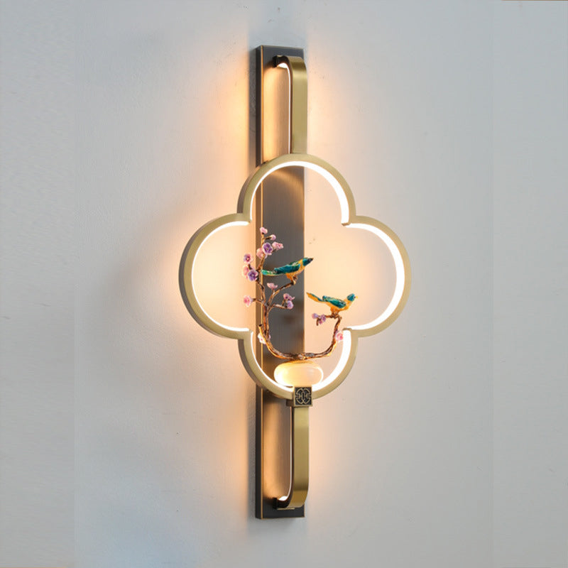 Traditional Chinese Copper Marble Zinc Alloy Flower Deer Bottle Gourd LED Wall Sconce Lamp For Living Room