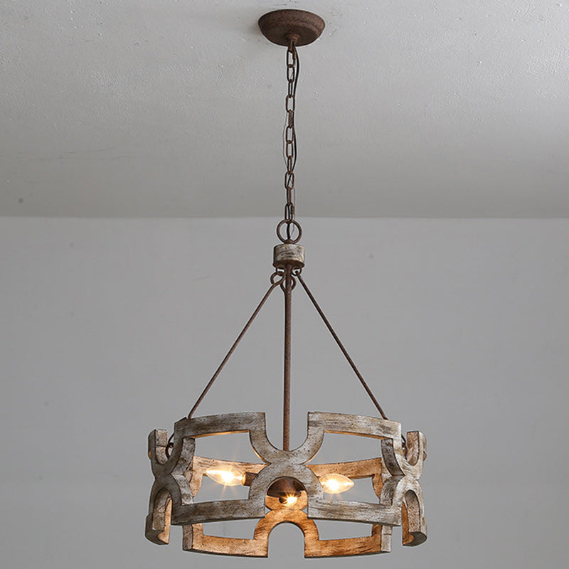Traditional Vintage Solid Wood Iron Round Drum Hollowed 3-Light Chandeliers For Dining Room