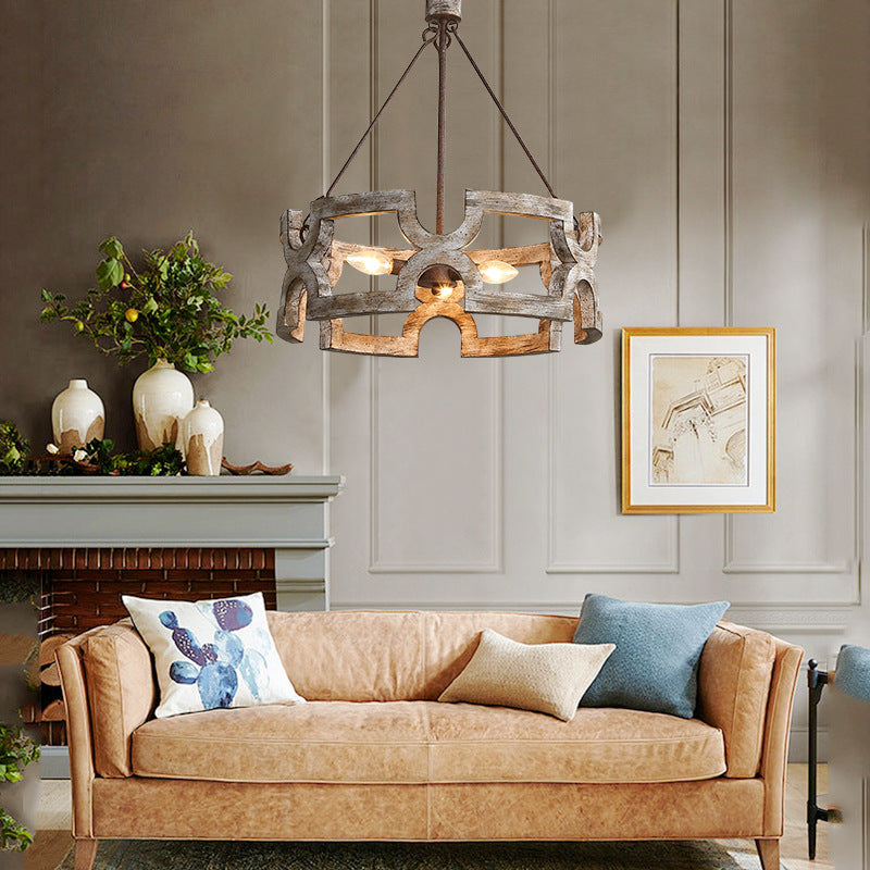 Traditional Vintage Solid Wood Iron Round Drum Hollowed 3-Light Chandeliers For Dining Room