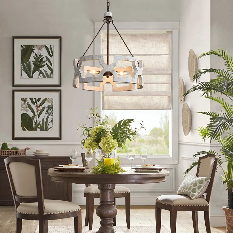 Traditional Vintage Solid Wood Iron Round Drum Hollowed 3-Light Chandeliers For Dining Room