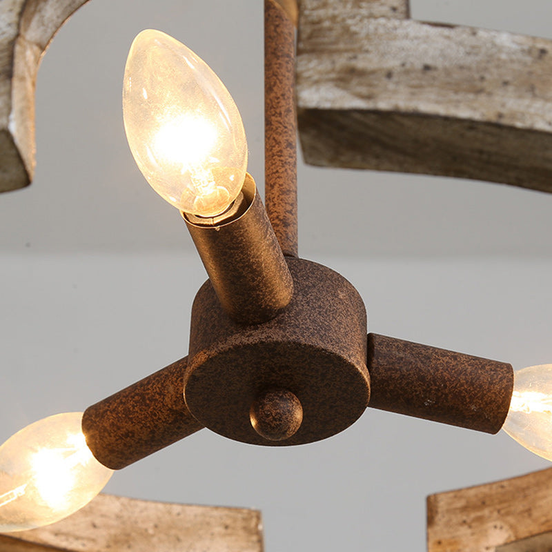 Traditional Vintage Solid Wood Iron Round Drum Hollowed 3-Light Chandeliers For Dining Room
