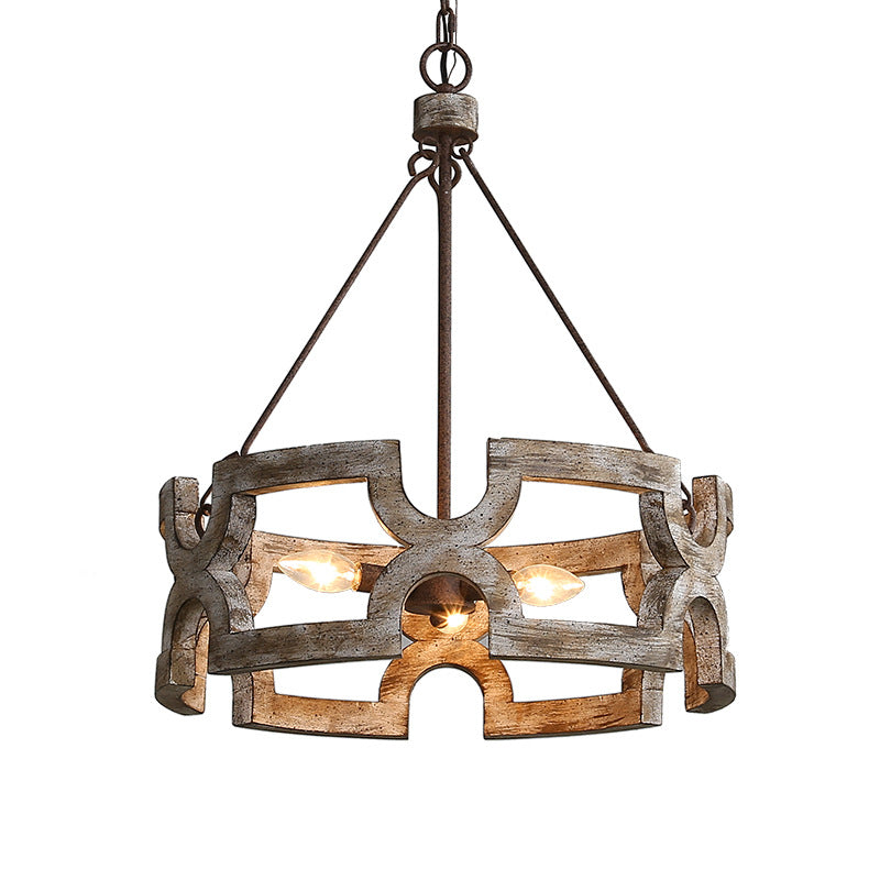 Traditional Vintage Solid Wood Iron Round Drum Hollowed 3-Light Chandeliers For Dining Room