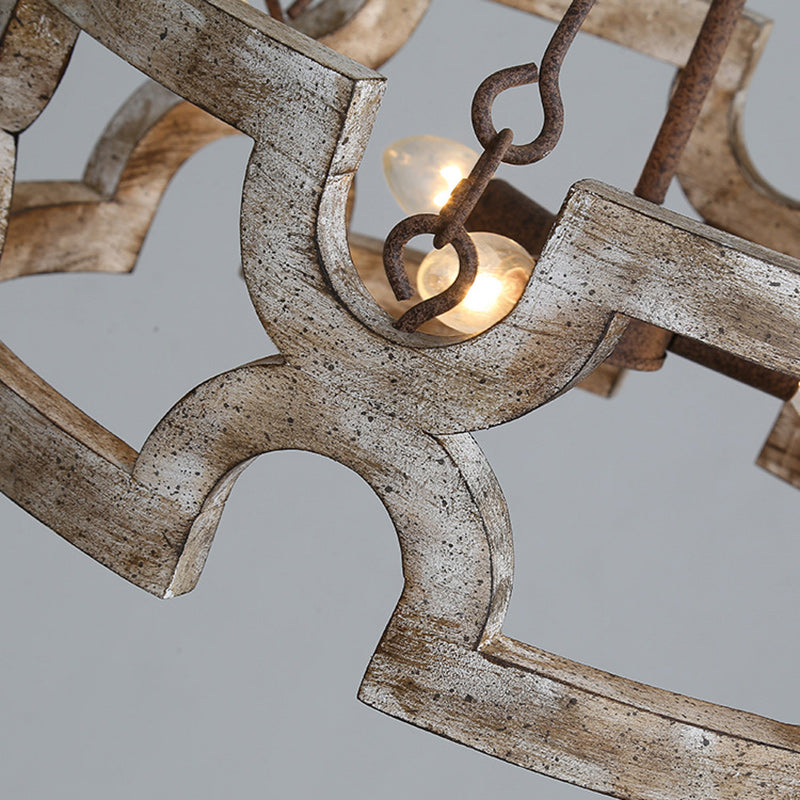 Traditional Vintage Solid Wood Iron Round Drum Hollowed 3-Light Chandeliers For Dining Room