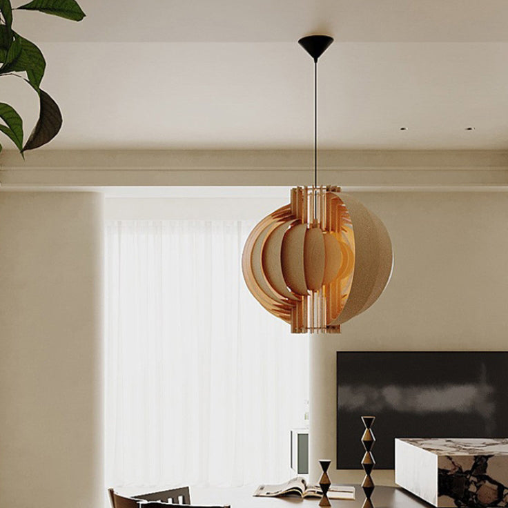 Traditional Vintage Basswood Plywood Ball Moon 1-Light Pendant Light For Dining Room