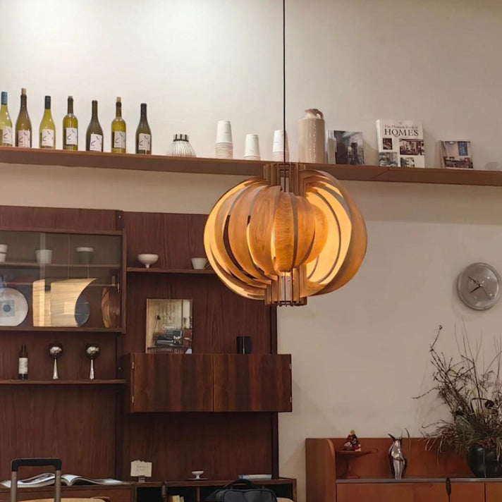 Traditional Vintage Basswood Plywood Ball Moon 1-Light Pendant Light For Dining Room