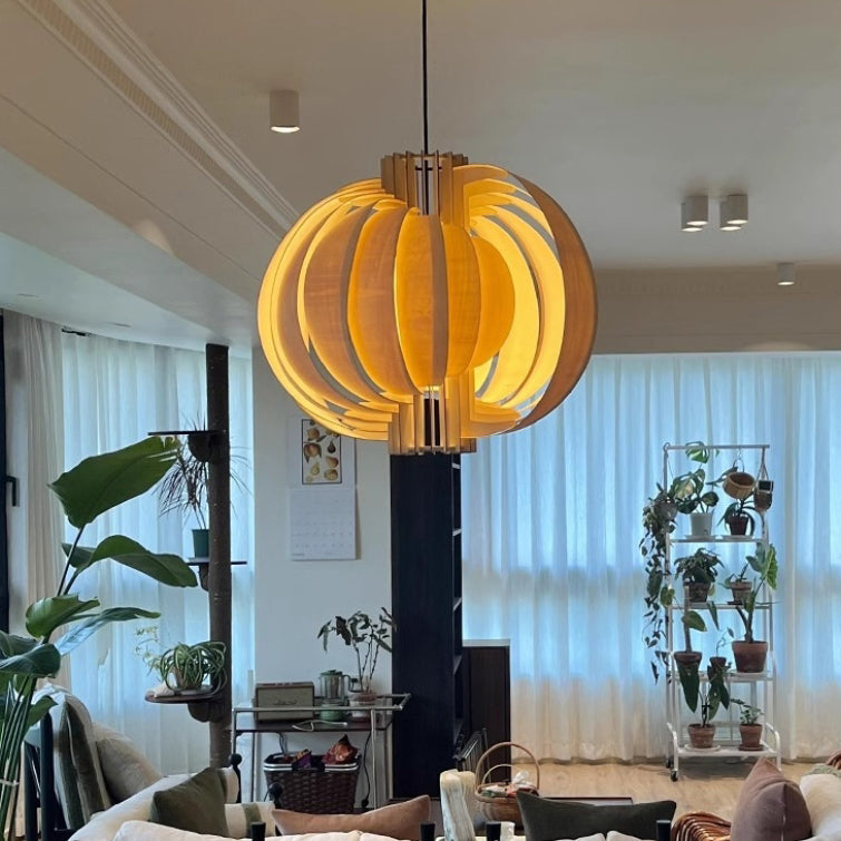 Traditional Vintage Basswood Plywood Ball Moon 1-Light Pendant Light For Dining Room