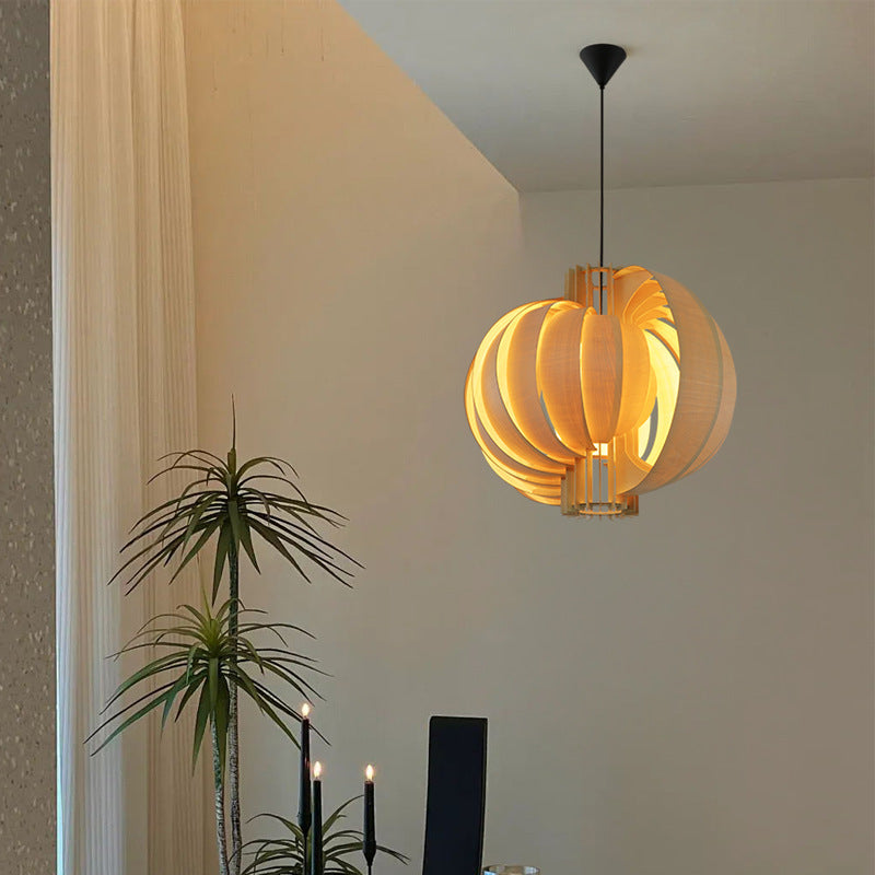 Traditional Vintage Basswood Plywood Ball Moon 1-Light Pendant Light For Dining Room