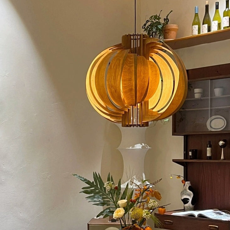 Traditional Vintage Basswood Plywood Ball Moon 1-Light Pendant Light For Dining Room