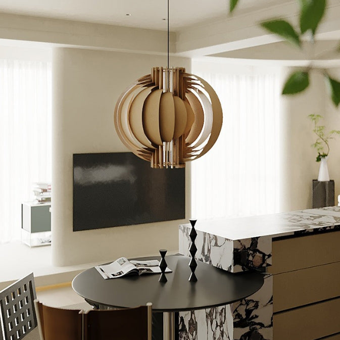 Traditional Vintage Basswood Plywood Ball Moon 1-Light Pendant Light For Dining Room